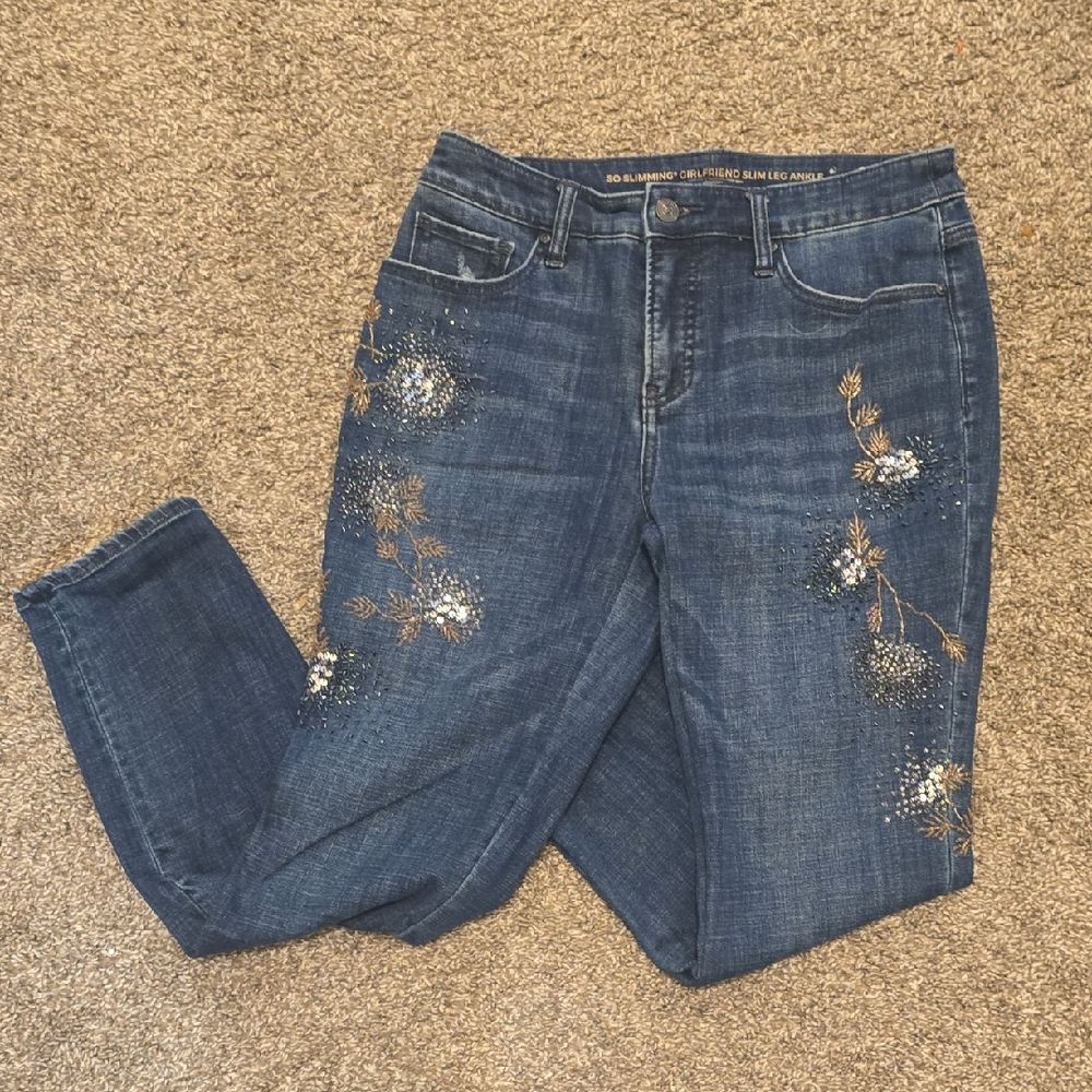 Chico's Blue Straight Leg Jeans with Floral Embroidery